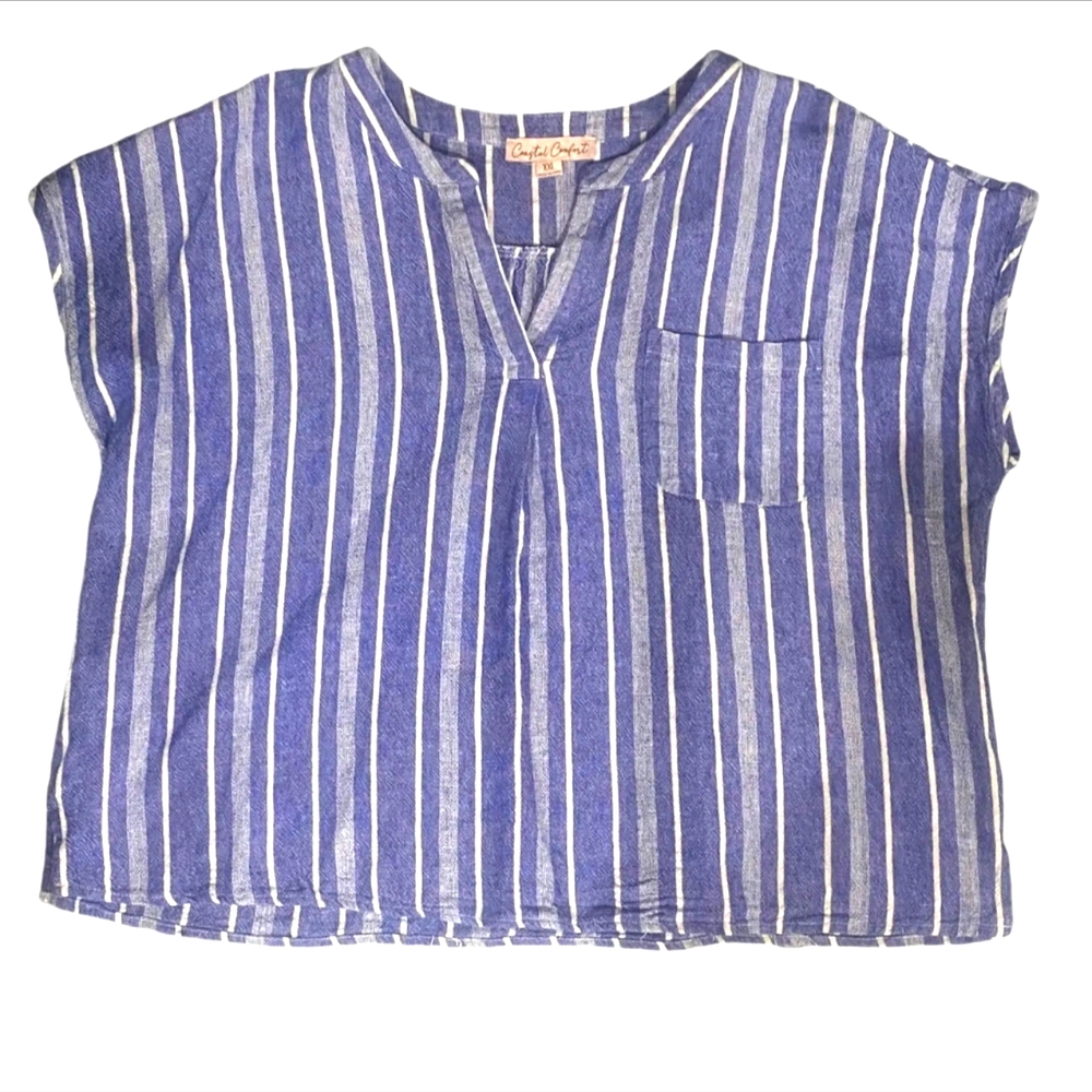 Coastal Comfort Blue and White Striped Linen Blend Top Plus XXL